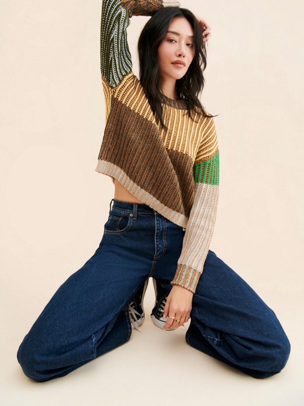 Moon River Striped Cropped Crew Sweater in Brown, Green & Cream